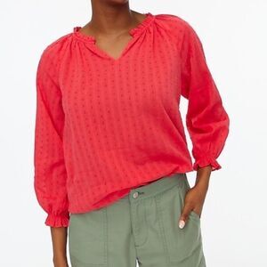 J. Crew novelty artist Swiss dot Vibrant Red split neck Top